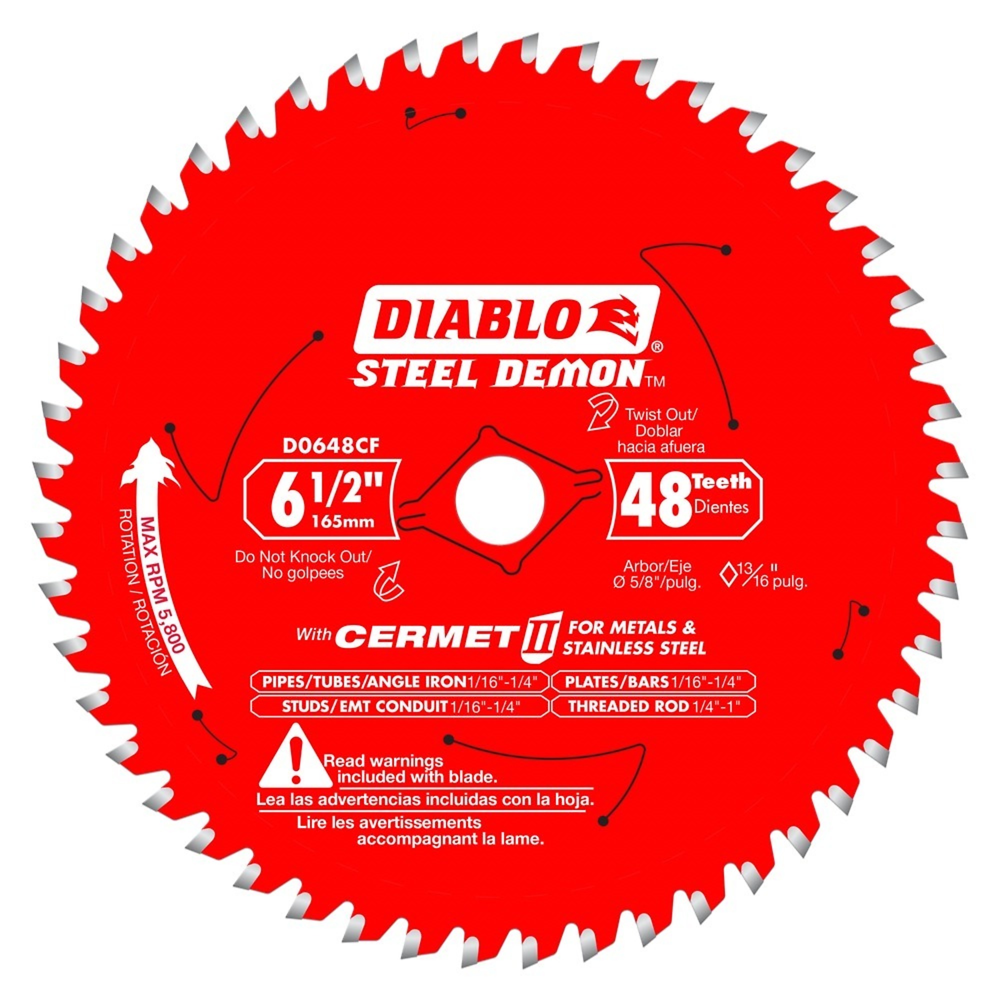 Diablo, 6 1/2 x 48 Steel Saw Blade, Blade Diameter 6 1/2 in, Teeth Per Inch 48 TPI, Included (qty.) 1, Model# D0648CFX